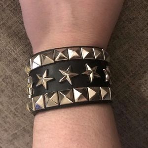 Square Star Silver Stud Thick Black Buckle Adjust Cuff Bracelet Unisex Punk Goth